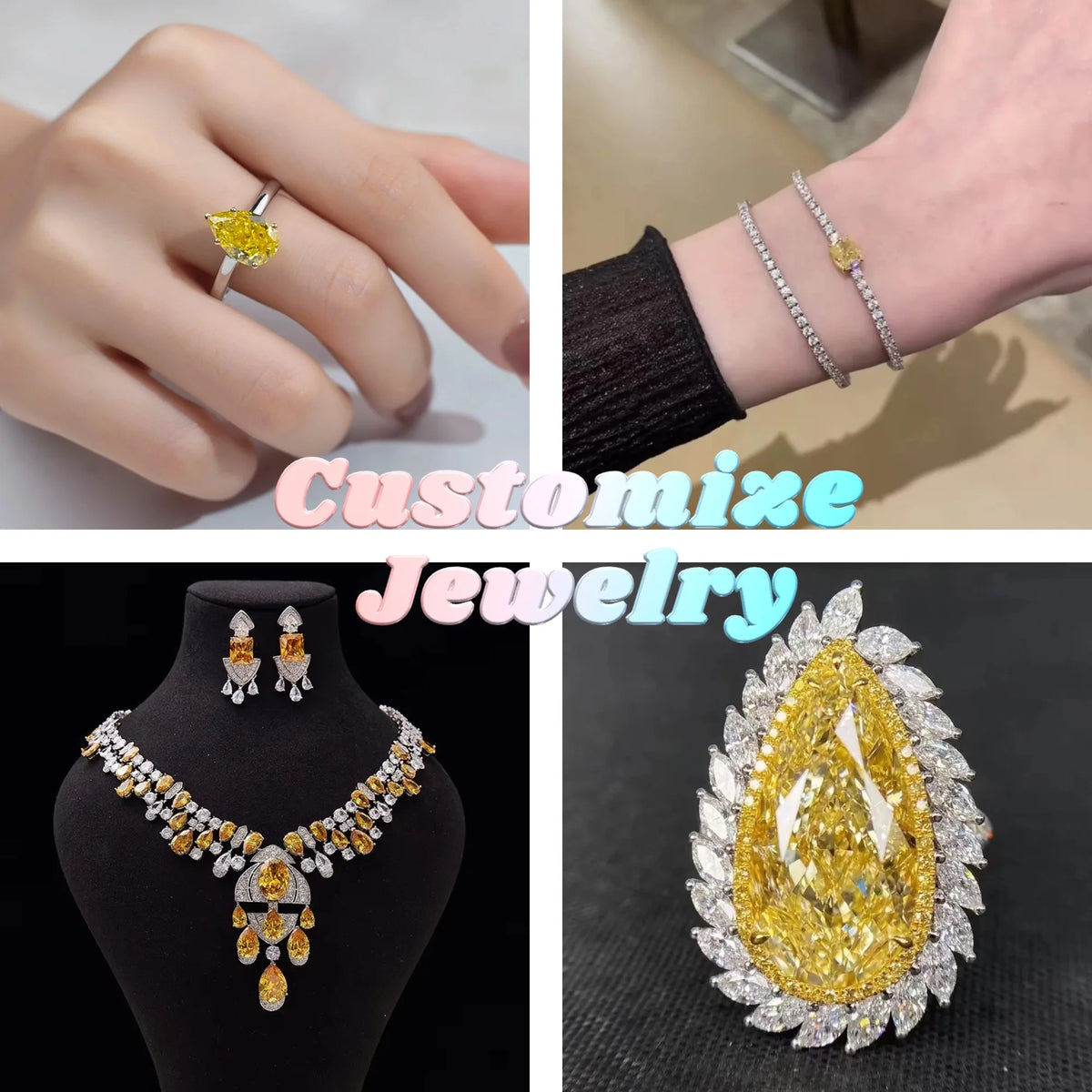 Collage of jewelry including a ring, bracelet, necklace, and brooch with 'Customize Jewelry' text.