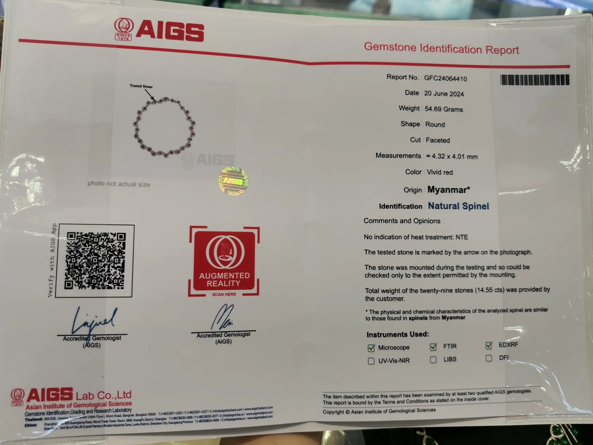 A gemstone identification report form from AIGS Lab Co., Ltd.