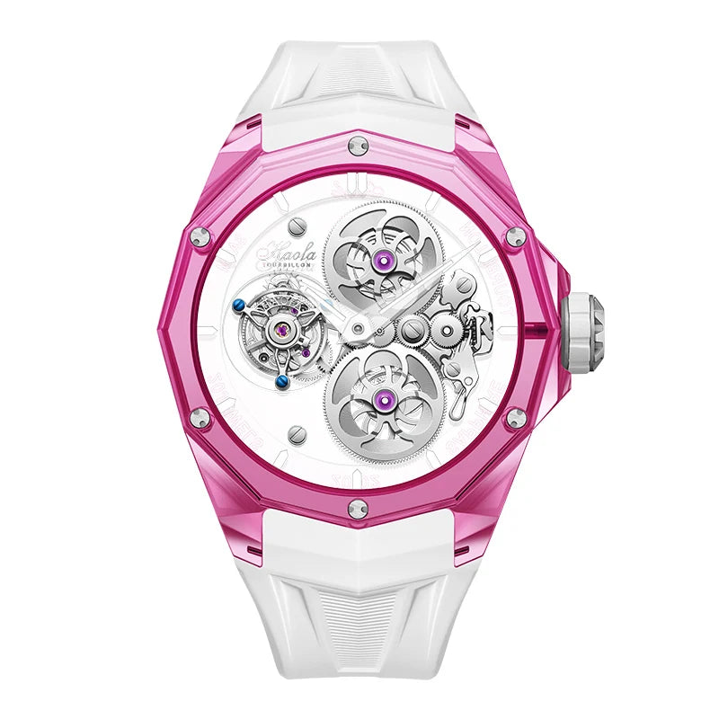 Watch with pink and white casing on a white background
