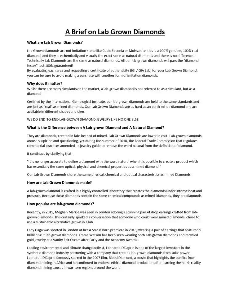 A black-and-white text page titled 'A Brief About Lab Grown Diamonds' with multiple paragraphs of explanatory text on a white background.