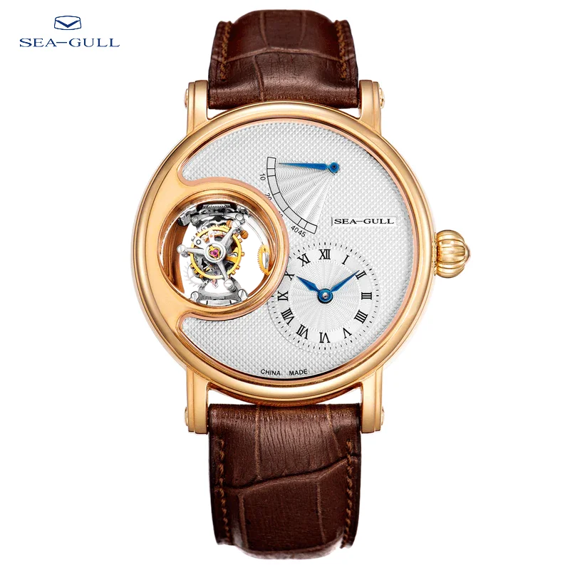 Sea-Gull luxury automatic watch with a rose gold case, white dial, skeletonized open-heart window, and a brown alligator leather strap on a white background.