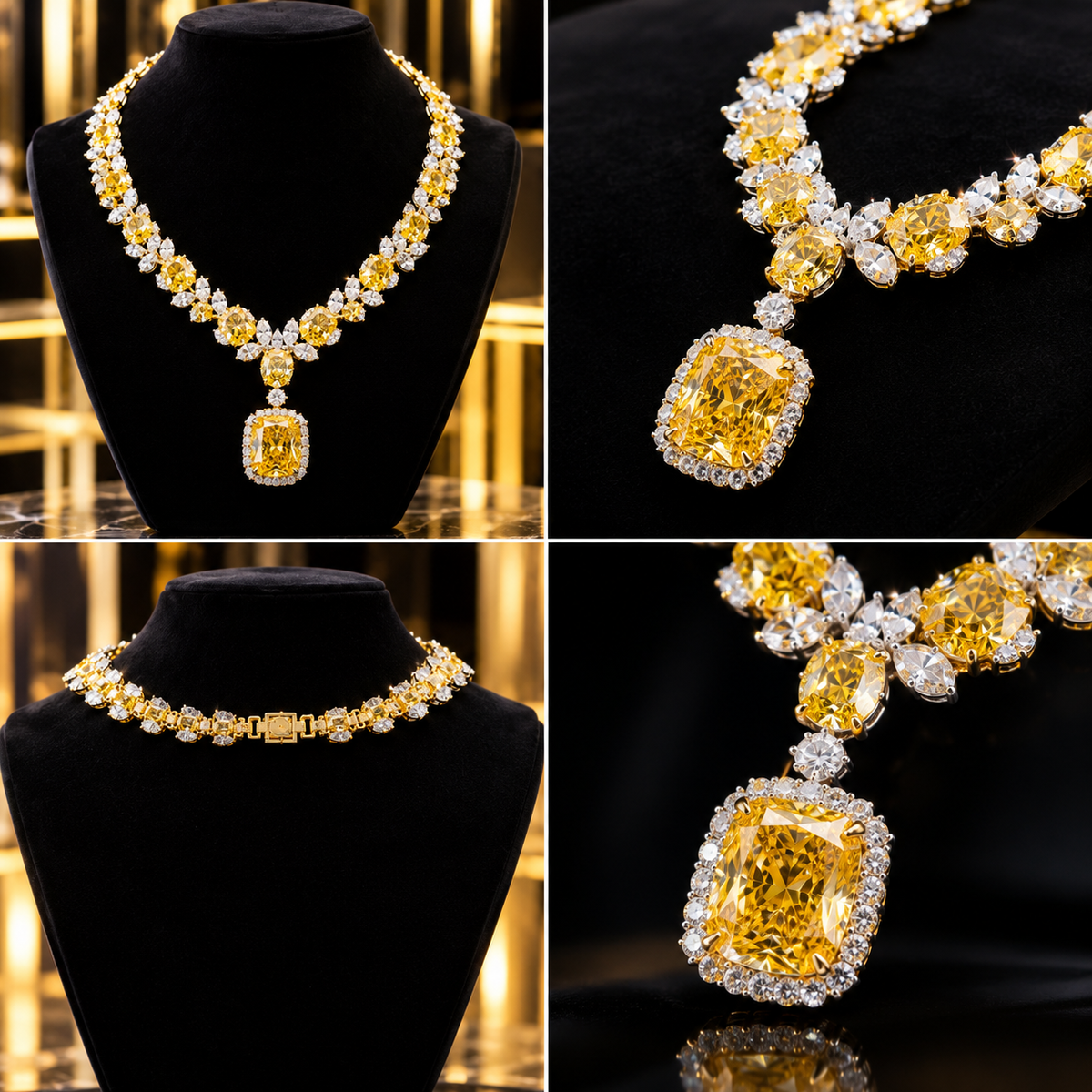 Teglex Vivid Yellow Diamond Necklace – four angle product shots showing full necklace, pendant close-up and clasp detail