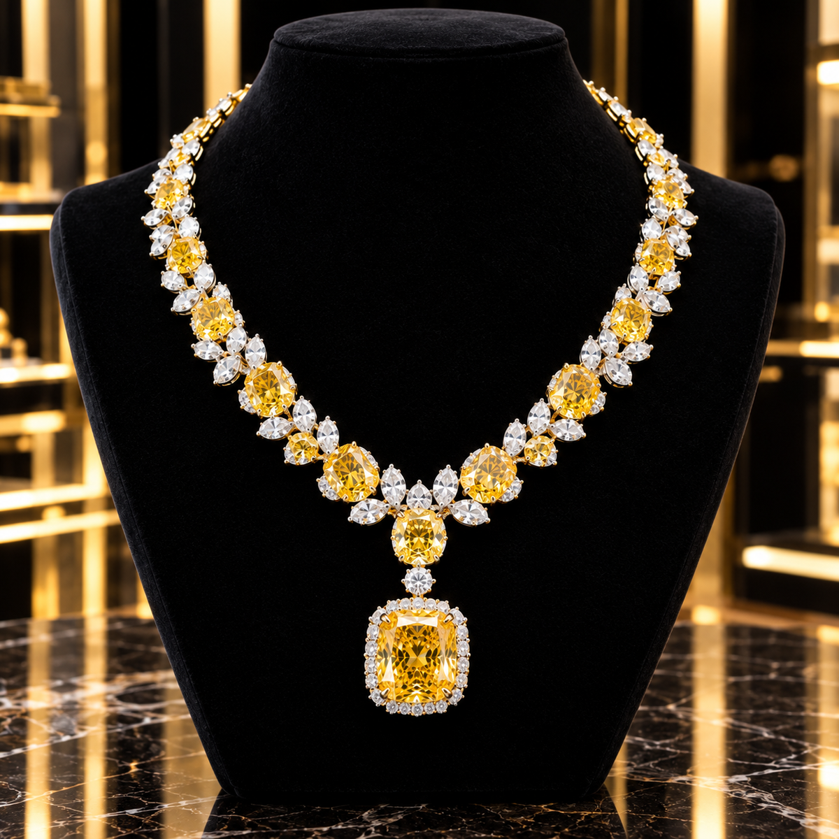 Teglex Vivid Yellow Diamond Necklace – studio shot on black velvet bust, full length view with gold backdrop