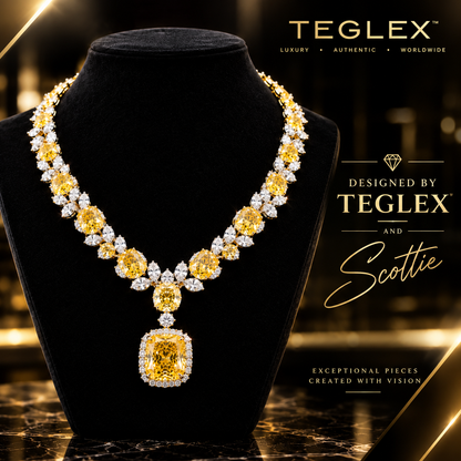 Teglex Vivid Yellow Diamond Necklace – Fancy Intense Yellow GIA Certified on black velvet bust, front view with TEGLEX branding