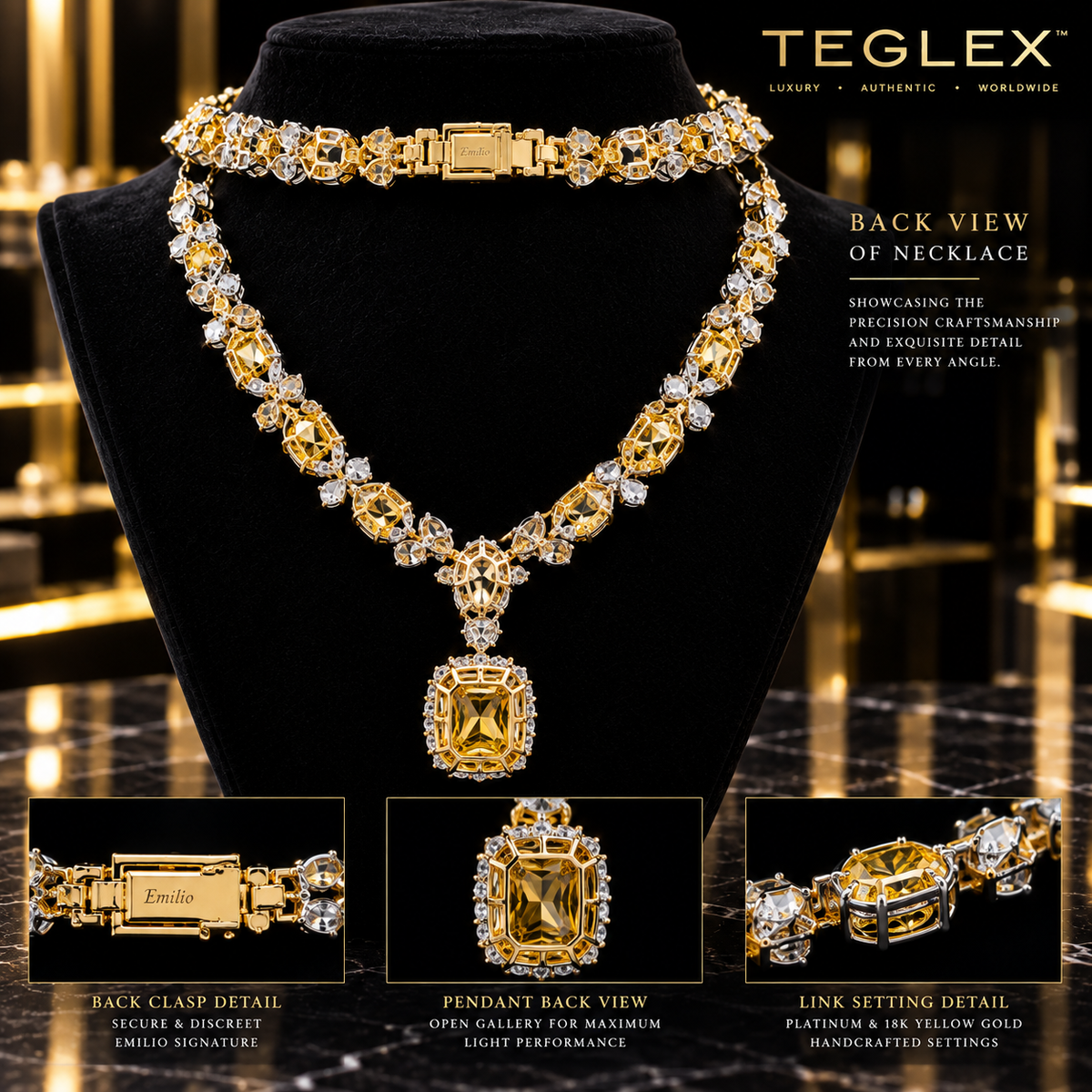 Teglex Vivid Yellow Diamond Necklace – back view detail showing Emilio signature clasp, open gallery pendant and platinum link settings