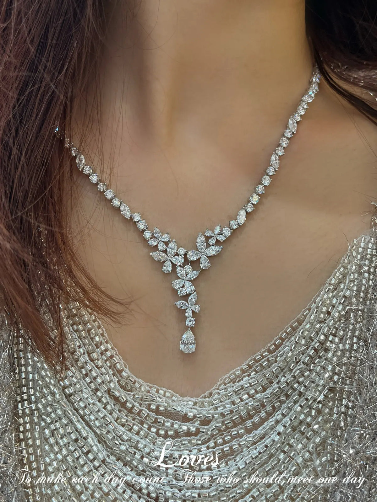 Gold Dimond Necklace womans luxury necklace with long hair and sweater on grey Pullover Sweater with silver clear Dimond gold necklace 