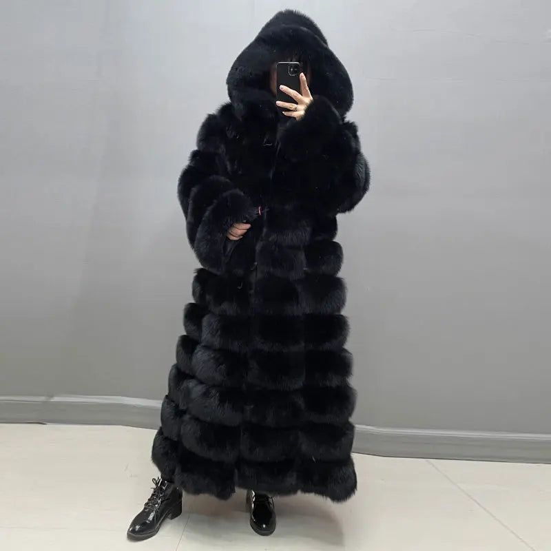 Vexaro Winter Women's Real Fox Fur Coat | Hooded Natural Fur Overcoat