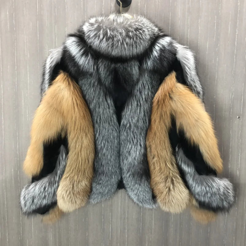 Fur coat with gray and beige fur on a wooden background