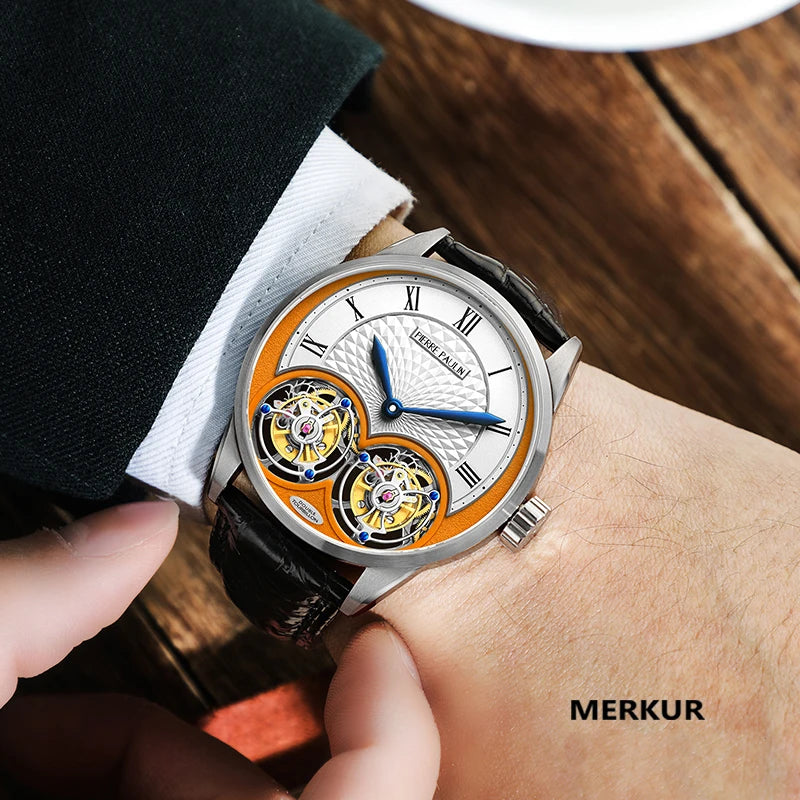 Luxury watch with visible mechanical components on a wrist, brand 'Merkur' visible