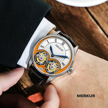 Luxury watch with visible mechanical components on a wrist, brand 'Merkur' visible