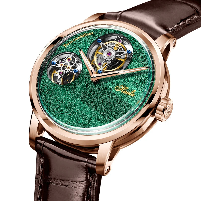 A luxury wristwatch featuring a vibrant green textured dial, rose gold case, and a dark brown leather strap. The watch has a skeletonized dial design showing intricate mechanical gears, with the brand name 'Skalo' and 'TwentysixtyEight' printed on the dial.