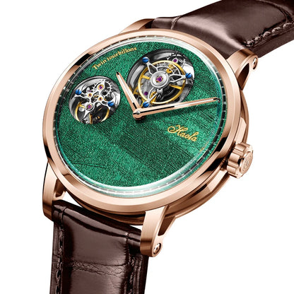 A luxury wristwatch featuring a vibrant green textured dial, rose gold case, and a dark brown leather strap. The watch has a skeletonized dial design showing intricate mechanical gears, with the brand name 'Skalo' and 'TwentysixtyEight' printed on the dial.