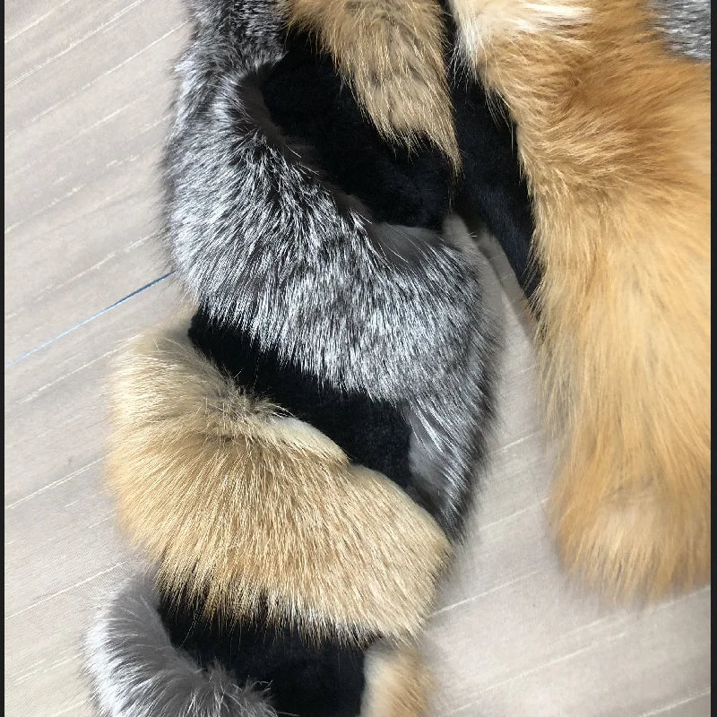 Close-up of a fur coat with multicolored fur on a light background