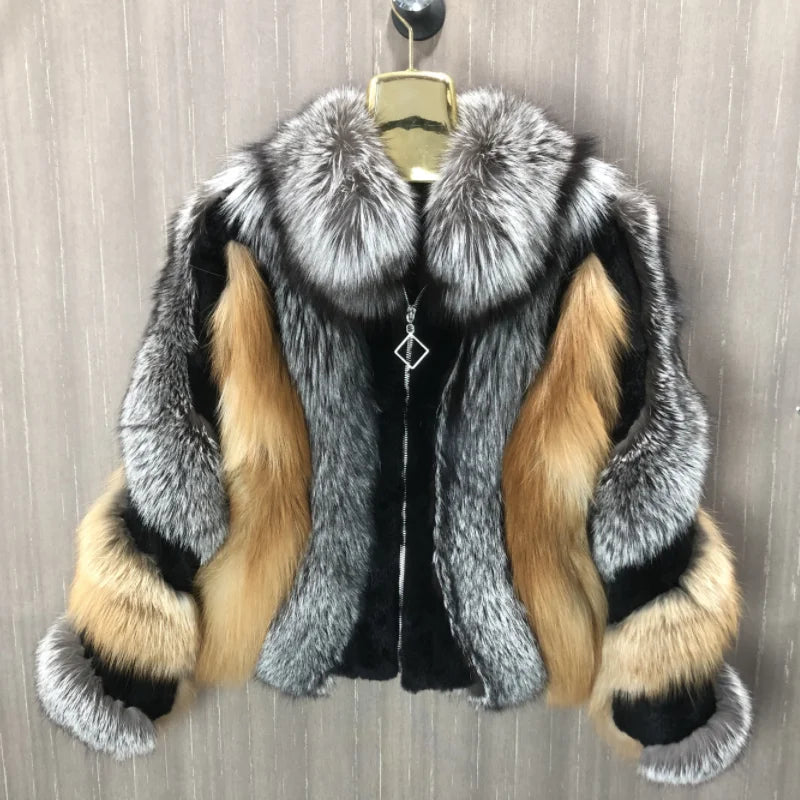 Fur coat with silver fox fur collar and cuffs on a wooden background