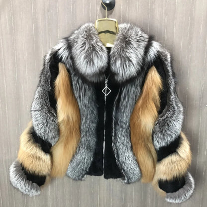 Fur coat with silver fox fur collar and cuffs on a wooden background