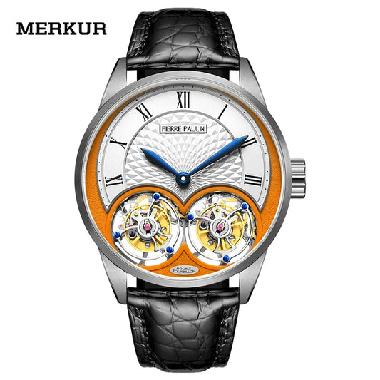 Merkur watch with black leather strap and visible mechanical components on a white background
