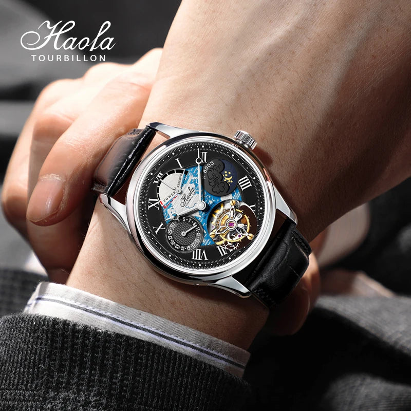 A close-up lifestyle shot of a Haola Tourbillon wristwatch with a black leather strap and skeleton dial, worn on a person's wrist. The watch face features a blue and white graphic design with a visible gold-toned tourbillon mechanism.