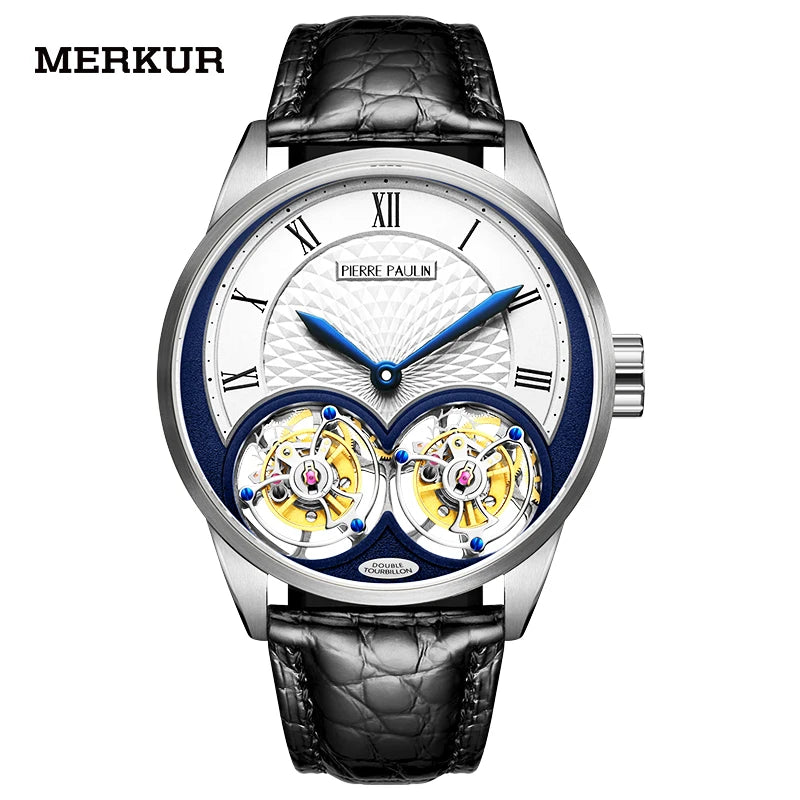 Luxury watch with black leather strap and visible mechanical components on a white background, brand 'Merkur' displayed.