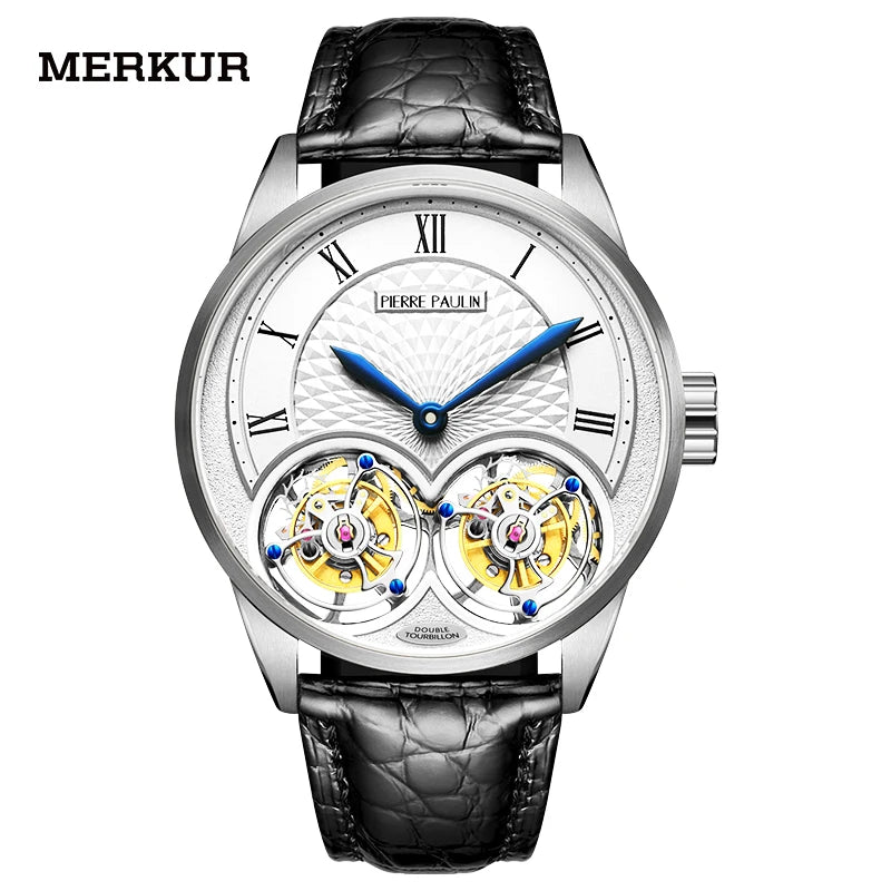 Merkur watch with black leather strap and visible mechanical components on a white background