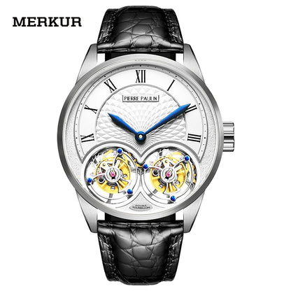 Merkur watch with black leather strap and visible mechanical components on a white background