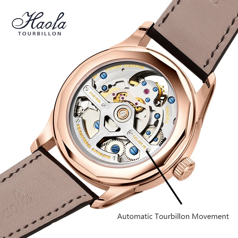 Haola Tourbillon automatic watch shown from the back, featuring a rose gold case, transparent dial revealing the automatic tourbillon movement, and a taupe leather strap on a white background with product text overlays.