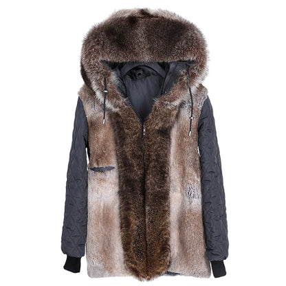 A hooded winter parka with a large brown and beige fur-trimmed front panel, dark gray quilted sleeves, and black ribbed cuffs, shown on a plain white background.