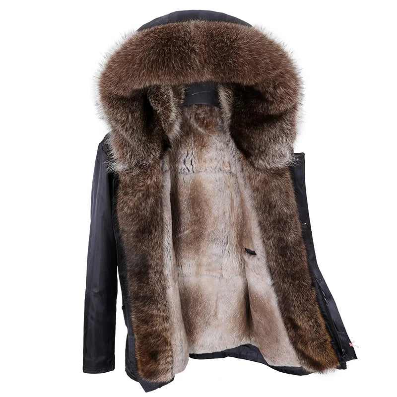 A black winter parka jacket with a large brown fur-trimmed hood and a plush tan-brown faux-fur lining, shown on a plain white background.