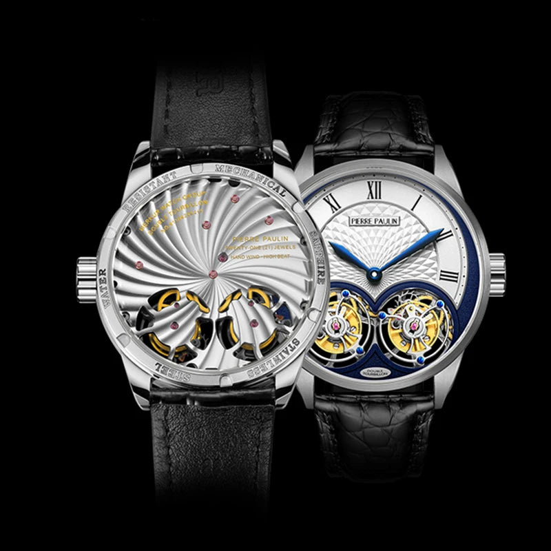 Two luxury watches with intricate designs on a black background