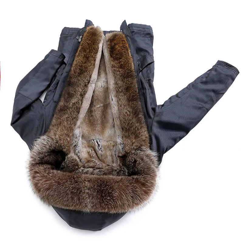 A dark gray winter parka jacket shown from the back, featuring a large brown and gray faux-fur collar lining.