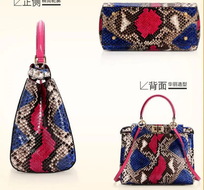 A multicolor snakeskin-patterned handbag shown from multiple angles on a light beige background. The bag features a vibrant blue, hot pink, black, and beige python print, a bright pink top handle, and gold-tone hardware.