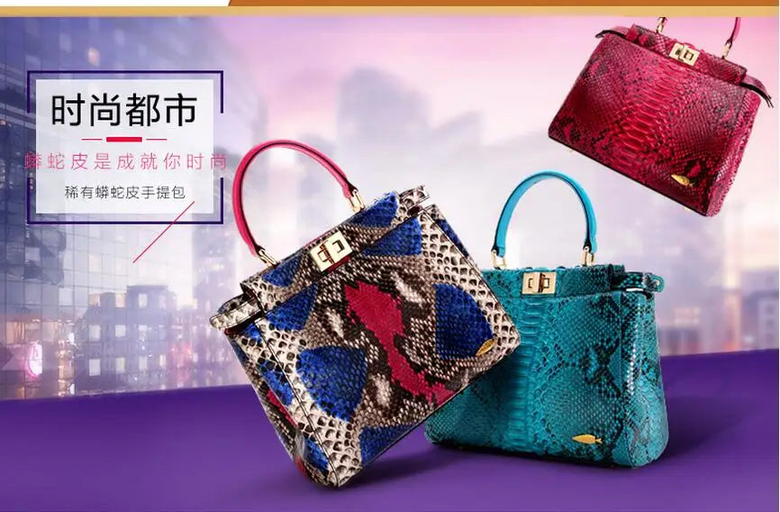 Three designer snakeskin handbags are displayed against a stylized purple and pink cityscape background with Chinese promotional text on the left. The bags feature multicolor and solid python-style patterns in blue, teal, red, and brown tones, with gold-tone hardware.