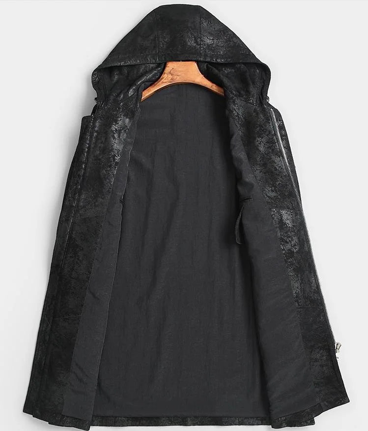 Black hooded coat with textured hood on a white background