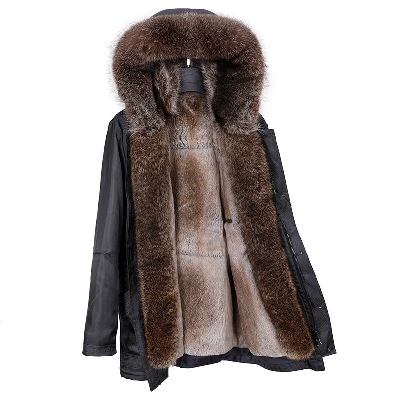 A black winter parka jacket featuring a large, luxurious brown and beige fur-trimmed hood and matching faux fur lining, displayed on a hanger against a plain white background.