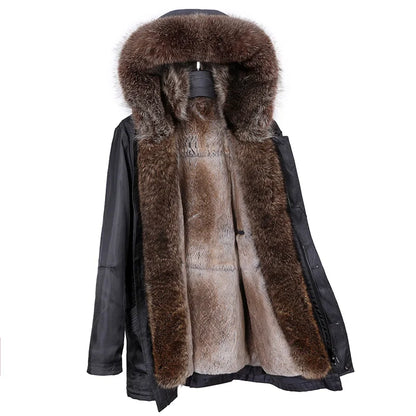 A black winter parka jacket featuring a large, luxurious brown and beige fur-trimmed hood and matching faux fur lining, displayed on a hanger against a plain white background.