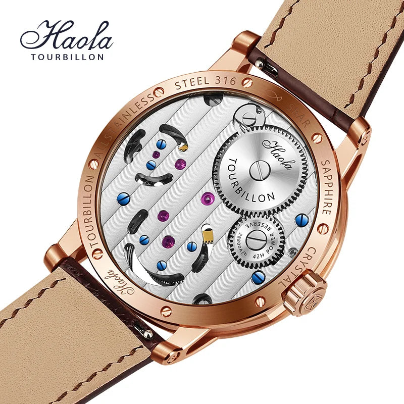 Haola Tourbillon men's watch with a rose gold case, beige leather strap, and a transparent back showing the detailed mechanical movement. The brand logo 'Haola' is visible in the top left corner.