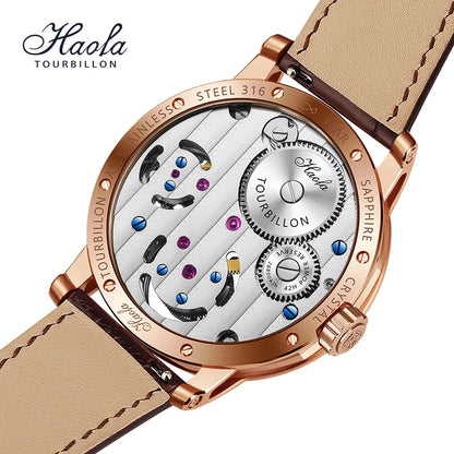 Haola Tourbillon men's watch with a rose gold case, beige leather strap, and a transparent back showing the detailed mechanical movement. The brand logo 'Haola' is visible in the top left corner.