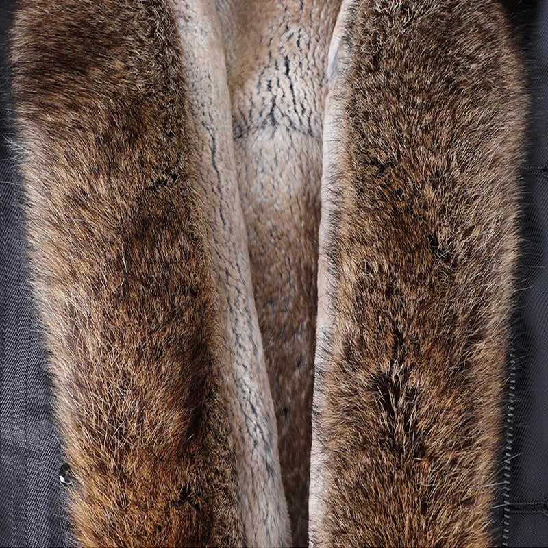 Close-up of a fur-trimmed garment showing the rich texture and color of the brown and beige fur lining.