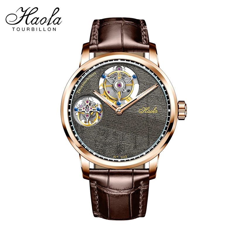 Haola Tourbillon men's watch featuring a brown leather strap, a rose gold case, and a textured dark gray dial with a large open-heart tourbillon and smaller sub-dials.