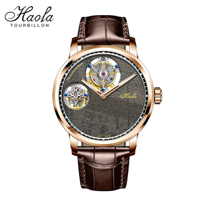 Haola Tourbillon men's watch featuring a brown leather strap, a rose gold case, and a textured dark gray dial with a large open-heart tourbillon and smaller sub-dials.