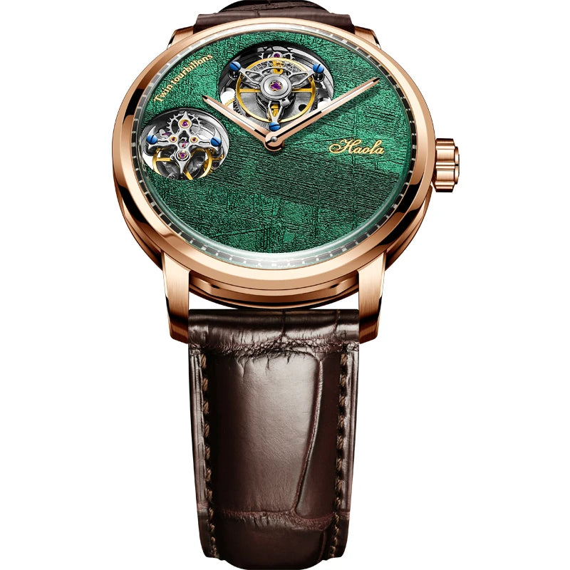 A luxury wristwatch featuring a green marbled dial with two visible tourbillon movements, a rose gold case, and a dark brown leather strap, shown on a plain white background.