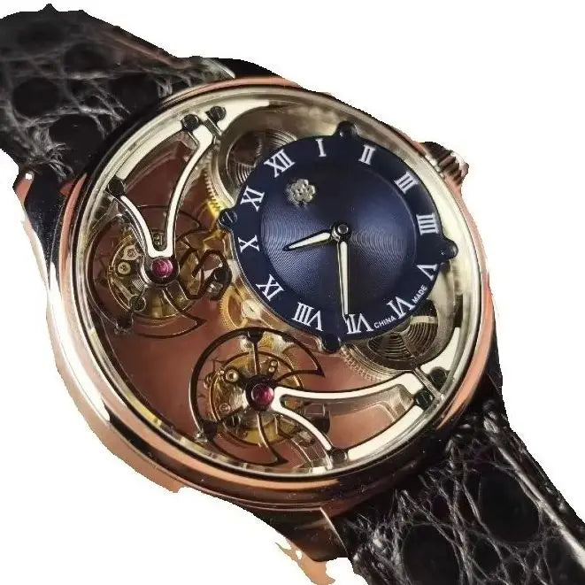 A luxury skeleton watch with a rose gold case, a dark blue dial with Roman numerals, and a black alligator leather strap, shown against a plain white background.