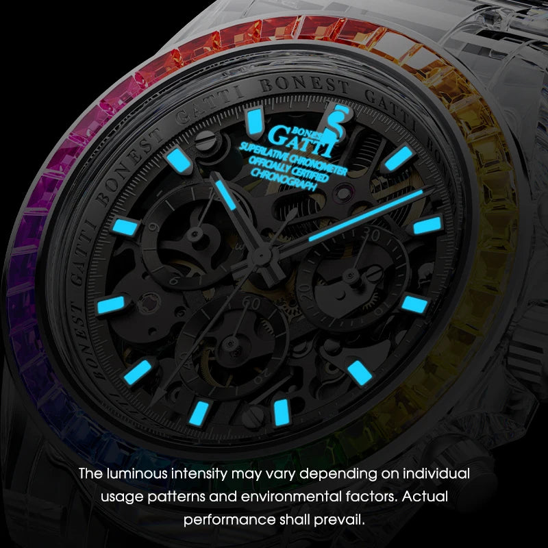 A close-up of a GAITI chronograph watch with a black dial, luminous blue hands and markers, and a rainbow-colored bezel. The brand name 'GAITI' is clearly visible on the dial.