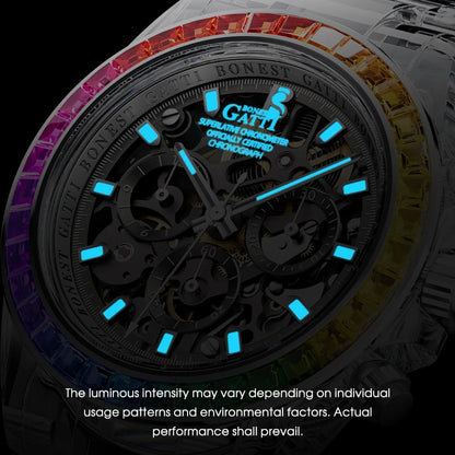 A close-up of a GAITI chronograph watch with a black dial, luminous blue hands and markers, and a rainbow-colored bezel. The brand name 'GAITI' is clearly visible on the dial.