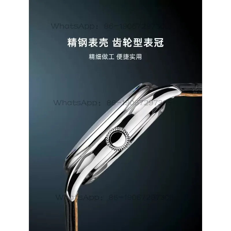 A close-up of a polished silver watch case with a textured circular crown detail and a black strap, shown against a dark blue-gray background with Chinese text and faint WhatsApp watermarks.