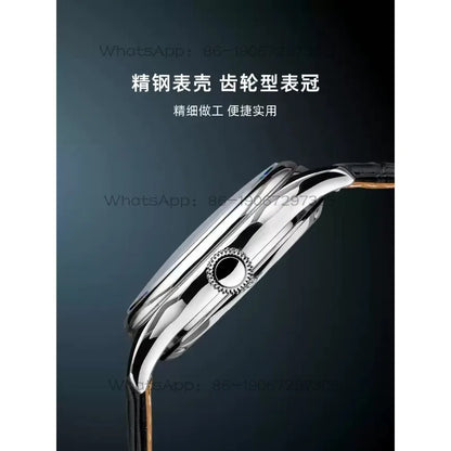 A close-up of a polished silver watch case with a textured circular crown detail and a black strap, shown against a dark blue-gray background with Chinese text and faint WhatsApp watermarks.