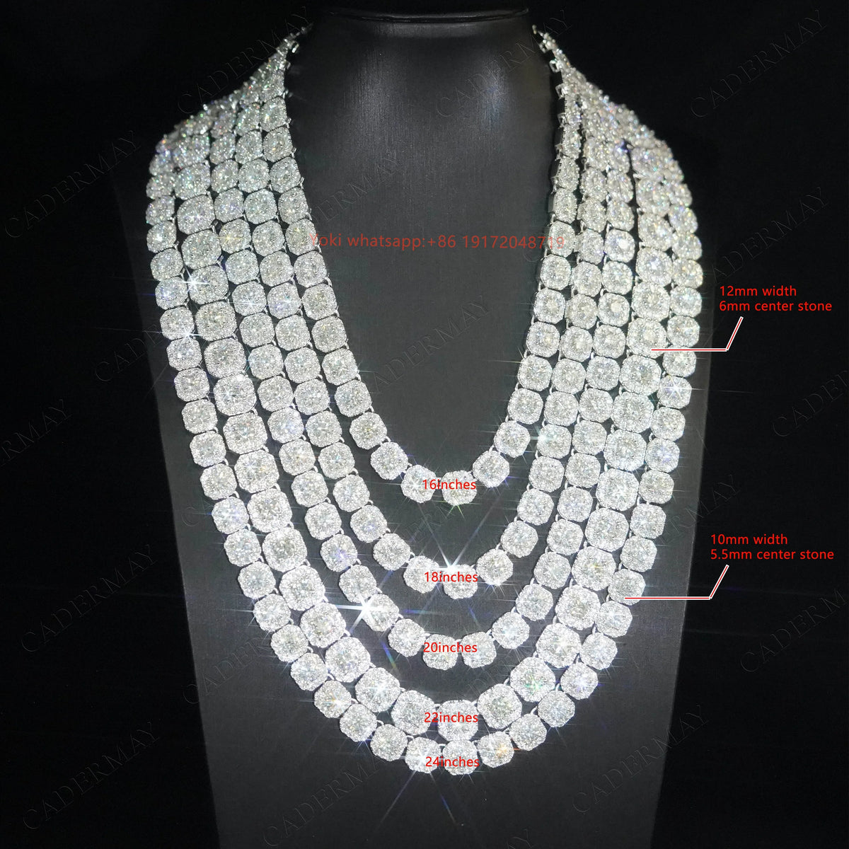 A multi-strand diamond necklace displayed on a black mannequin bust against a black background, with red text and measurement callouts indicating different lengths and center stone sizes.