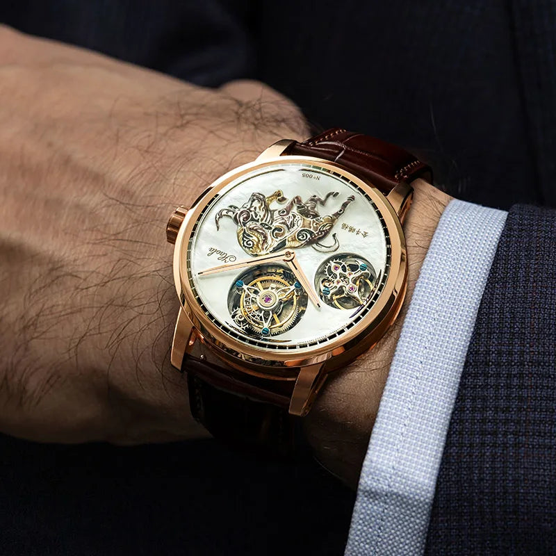 A close-up of a luxury skeleton watch with a rose gold case, white dial, and brown leather strap worn on a wrist. The watch features intricate gold-toned mechanical gears visible through the open dial design.