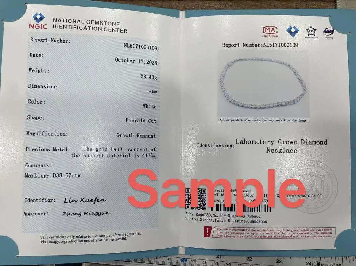 National Gemstone Identification Center report for a laboratory grown diamond necklace with measurement scale at the bottom.