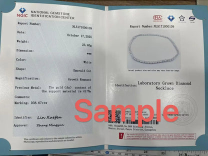 National Gemstone Identification Center report for a laboratory grown diamond necklace with measurement scale at the bottom.