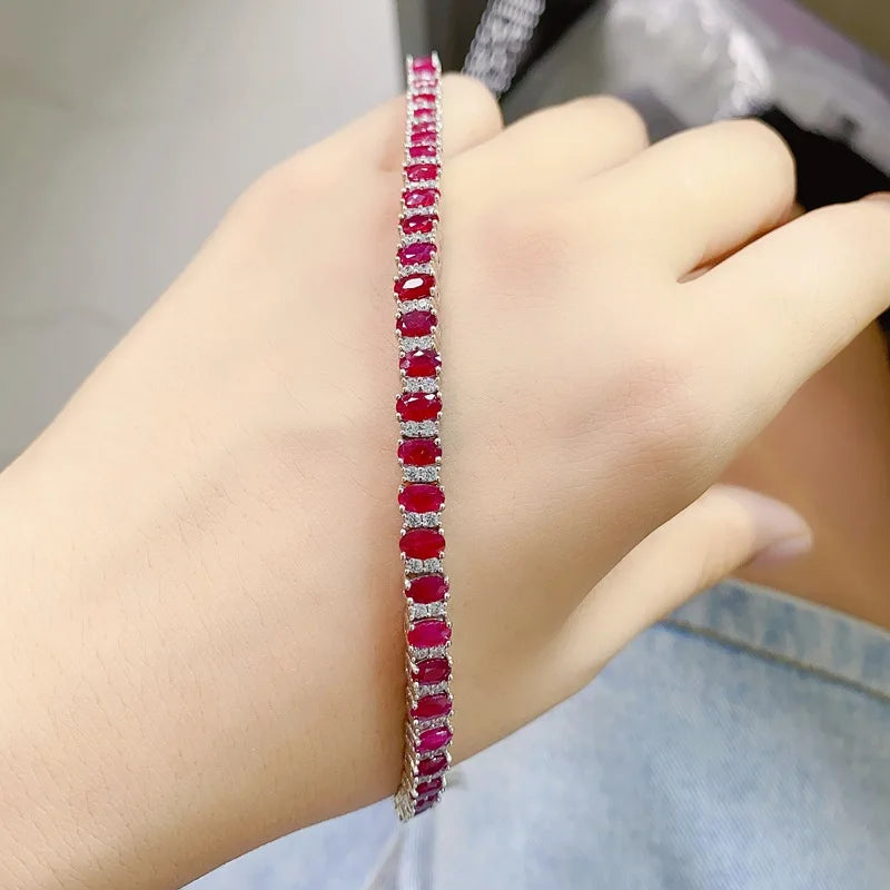 925 Silver Full-Set Natural Ruby Bracelet, AAA Gemstone Chain with Certification, Luxury Red Jewelry for Women